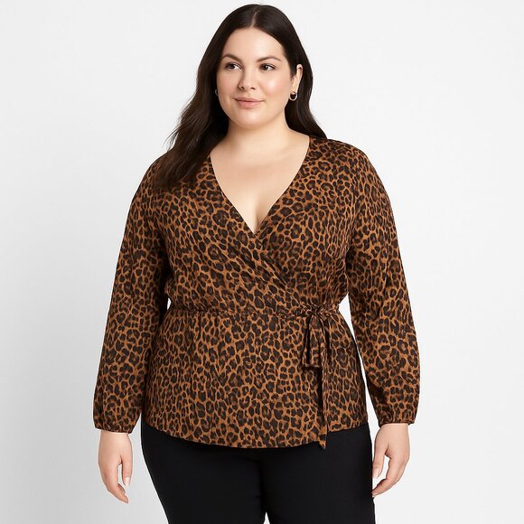 Lane Bryant Leopard Print Faux Wrap Blouse Size 18 Long Sleeve - Picture 1 of 5